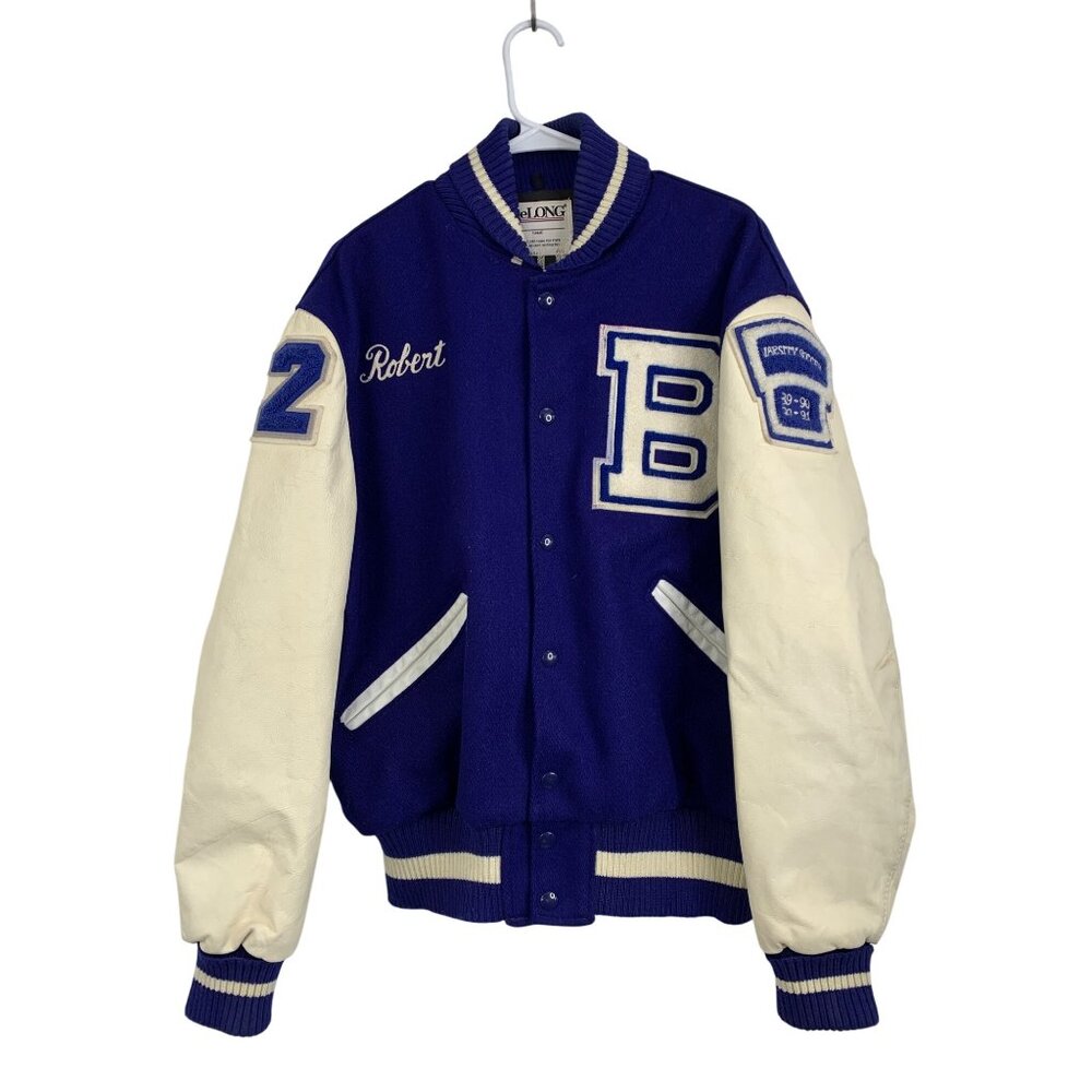 Vintage 90s DeLONG Mens Varsity Letterman Jacket Mr Warren Wool Leather M/L Blue
